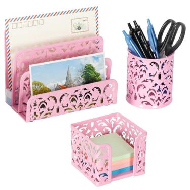 Imagem de EasyPAG Esculpido Padrão Floral Oco 3 em 1 Conjunto Organizador de Mesa, Rose Gold