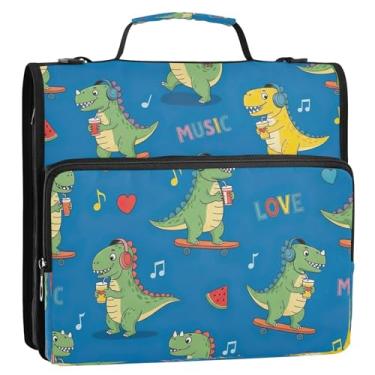 Imagem de Bolsa organizadora de fichário com zíper azul de dinossauros verdes de desenho animado com alça de ombro, 3 anéis de 3 anéis, suporte de pasta de portfólio de 3 cm para armazenamento de documentos