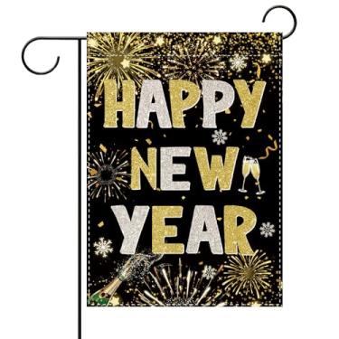 Imagem de Terkki Feliz Ano Novo 2026 Bandeira de jardim decorativa, ouro preto, fogos de artifício, champanhe, decorações exteriores, Natal, inverno, floco de neve, serapilheira, exterior, decoração de casa