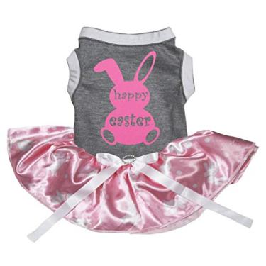 Imagem de Petitebella Vestido para cachorro de coelho da páscoa feliz (cinza/rosa com bolinhas de coelho, médio)