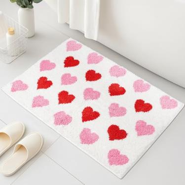 Imagem de Hallswl Tapete de banheiro branco para Dia dos Namorados, rosa e vermelho com coração adornado macio absorvente tapete de banheiro antiderrapante lavável para decoração de cozinha de casa dos