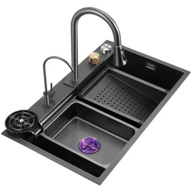 Imagem de Pia de cachoeira, pia de cozinha de tigela única, pia de aço inoxidável 304, pia de estação de trabalho, pia moderna, conjunto de pia doméstica, pia embutida de fazenda, com torneira removível (80