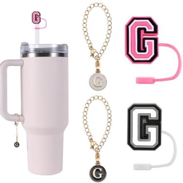 Imagem de 2 peças de cobertura de palha de letra rosa de 10 mm para cobertura de palha Stanley 1,134 g 850 g + 2 peças de pingente de corrente de letras para copos Stanley com alça para acessórios de copo