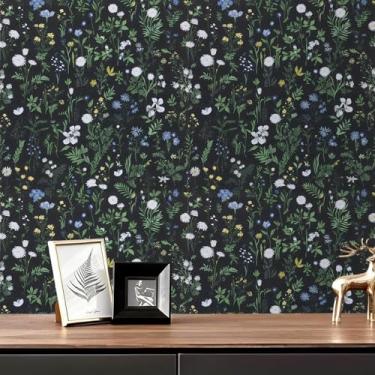 Imagem de TANONE Papel de parede floral escuro descasque e cole papel de parede floral verde vintage 44,5 cm x 998,2 cm papel de parede de flor preta folha boho removível papel de parede autoadesivo para