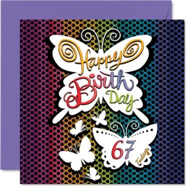 Imagem de Stuff4 Cartões de aniversário de 67 anos para mulheres - Borboleta arco-íris - Cartão de feliz aniversário para mulher de 67 anos irmã tia babá amiga, cartões comemorativos de aniversário de 14 cm