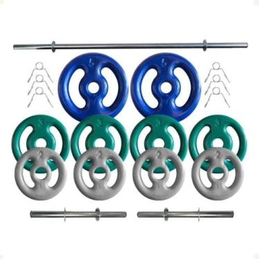 Imagem de Kit de Anilhas Emborrachadas 30 Kg + 02 Barras de 40cm + 01 Barra de 1