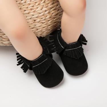 Imagem de Botas para bebês meninas, caubói, borla, sola macia, antiderrapante, botas de cano baixo, primeiro andador, berço, sapatos ao ar livre, A01/preto, 12-18 Months Toddler