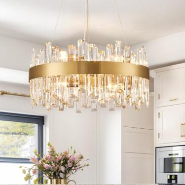 Imagem de CROSSIO Lustre de cristal moderno de 12 luzes, luminária de teto de sala de jantar de cristal dourado, lustre de gota de chuva de cristal K9 de luxo para sala de estar, cozinha, ilha, quarto, entrada