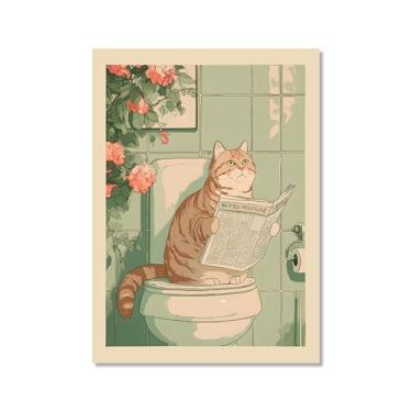 Imagem de Tela de arte de parede de banheiro japonês com gatos lidos jornal pôster de flores abstratas impressões de animais engraçados pintura zen minimalista decoração de banheiro spa para casa de banho