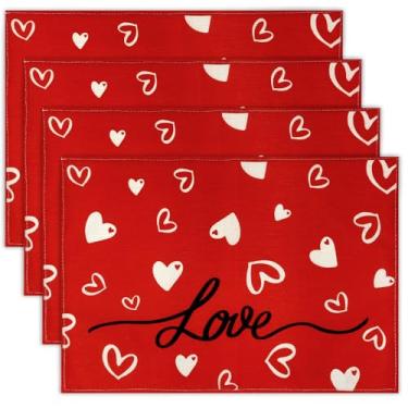Imagem de Kzikbxh Jogo americano de dia dos namorados, conjunto de 4 tapetes de mesa com padrão de coração vermelho de 30,5 x 45,7 cm, para jantar romântico, jogo americano de amor de coração para decoração de