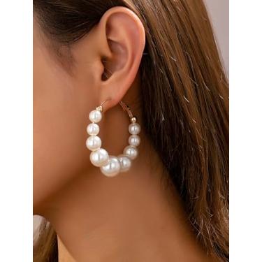 Imagem de Brincos de argola femininos, brincos de argola com contas boêmias de pérola sintética, adequados para uso diário e férias, branco