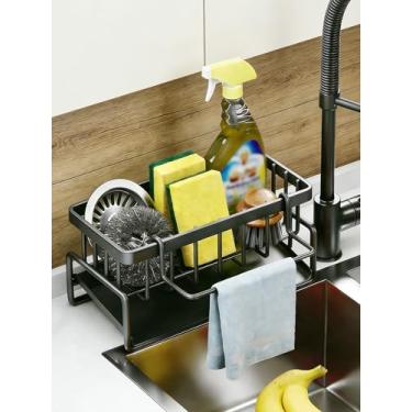 Imagem de Suporte de esponja para pia de cozinha, organizador de aço carbono resistente à ferrugem com rack de pano de prato destacável, dispensador de sabão, suporte de pia