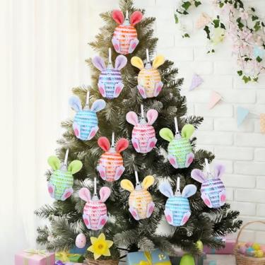 Imagem de Vicenpal 12 peças de enfeites de árvore de páscoa de lantejoulas para árvore com orelhas e pés de coelhinho de pelúcia, rosa, laranja, verde, roxo, azul, decoração de bola fofa para casa, escritório
