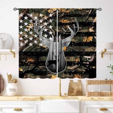 Imagem de Cortinas rústicas, vintage fazenda camuflada floresta vida selvagem caçador de alces camuflagem floresta bandeira americana estilo rural cortinas para quarto sala de estar cozinha janela 69,8 cm L x