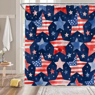 Imagem de Cortina de chuveiro com bandeira dos EUA Dia Patriótico da Independência Estrela Vermelha Azul Estrela Casa de Banho Cortina com Ganchos, 187 x 178 cm