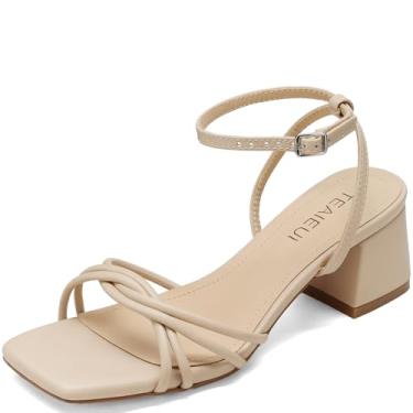 Imagem de TEAIEUI Sandálias femininas de salto alto com tiras quadradas, bico aberto, salto grosso, tira no tornozelo, casamento, festa de formatura, formatura, Nude., 37