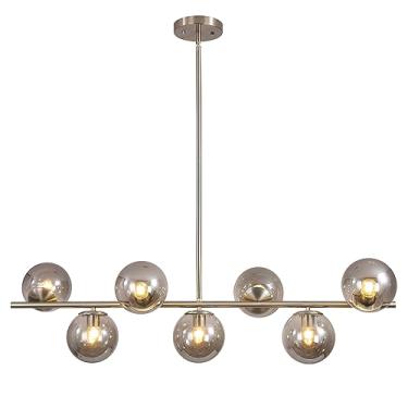 Imagem de Lustre moderno de meados do século XX com 7 luzes, prateado, com acabamento em níquel escovado, ideal para ilha de cozinha, luminária pendente com globo de vidro cinza fumê, lustre ajustável