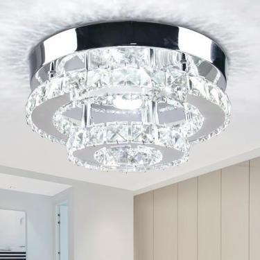 Imagem de Mini Luminária de Teto LED Cristal Cromada de 9,8" | Lustre de Teto Moderno de Embutir com 2 Níveis de Luz | Luminária de Teto Redonda Pequena para Sala de Estar, Quarto, Corredor e Cozinha