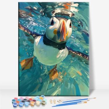 Imagem de HUINORYA Puffin Bird Alaska Tela emoldurada DIY Kit de pintura por números bar café caverna sala de casa parede banheiro varanda pátio decoração presente, 40,6 x 30,5 cm