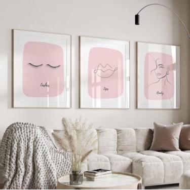 Imagem de 3 peças de pôster rosa lábios cílios maquiagem impressões arte de parede pintura em tela emoldurada para quarto adolescente decoração de casa com moldura interna