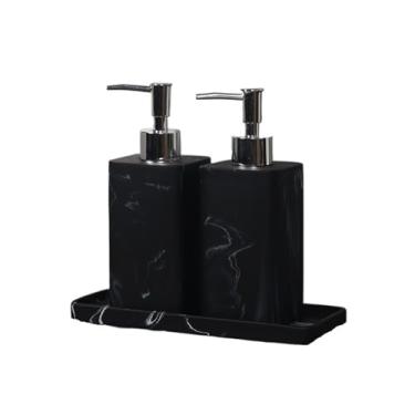 Imagem de Dispensadores de sabonete, elegante, com textura de mármore, conjunto com 2 dispensadores de sabão de resina e 1 bandeja conjunto de acessórios de banheiro para cozinha, banheiro (preto, 480 ml)