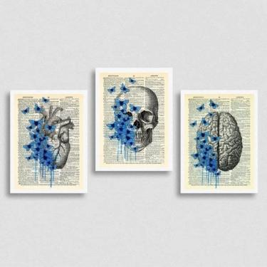 Imagem de Kit 3 Quadros Psicologia Cérebro Coração 33X24 Vidro Branca
