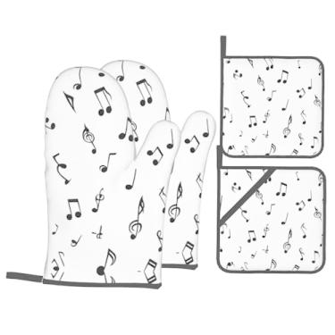 Imagem de Conjunto de luvas de forno impressas com notas musicais, conjunto de 4 peças adequado para grelhar, cozinhar e assar
