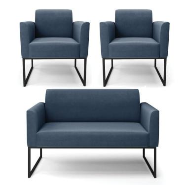 Imagem de Sofá Namoradeira Com 2 Poltronas Base Industrial Preto Marisa Suede Cor Azul Marinho