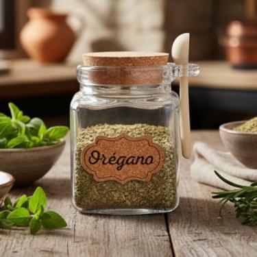 Imagem de Porta Temperos Condimento Vidro Tampa Hermético Colher Bambu 310ml Orégano
