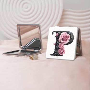 Imagem de Espelho de maquiagem portátil de couro PU retrô europeu com letras florais, mini espelho dobrável de mão dupla face, quadrado para retoque, presente ideal para todas as ocasiões