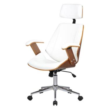 Imagem de Cadeira Giratória Lisboa Bergen Rivatti Com Encosto De Cabeça Madeira Laminada Pu Branco Base Rodízio