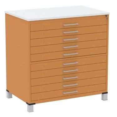 Imagem de Mapoteca 10 Gavetas Pandin 120 Cm (larg) Inmetro Tampo Mdp Branco Estrutura E Gavetas Em Aço Laranja