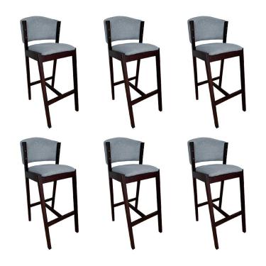 Imagem de Kit 6 Banquetas Alta De Madeira Maciça Castanho Premium Ana Com Encosto Linho Cinza - Cor: Cinza