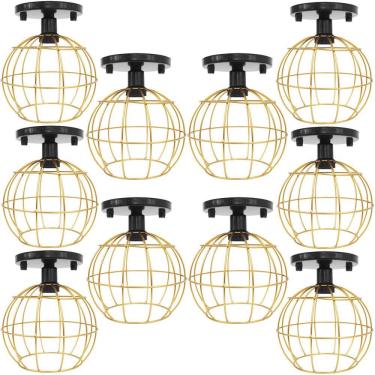 Imagem de 10 Lustres Teto Plafon Industrial Aramado Globo Dourado Retrô Luminária Vintage Preto Agp Ilumini