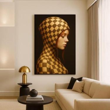 Imagem de Quadro Canvas Mulher Ruiva Xadrez 60X40Cm Mold Preta - Quadros On-Line