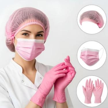 Imagem de Kit rosa 100 luva nitrilica 50 máscara 100 touca - - Talge, G