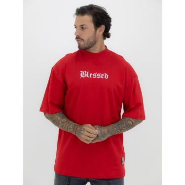 Imagem de Camiseta Oversized Gola Alta Estampa Abençoado Streetwear Algodão Premium Vermelho-Masculino