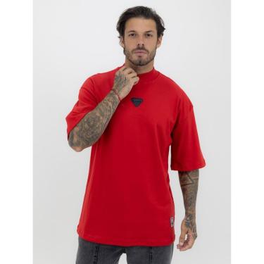 Imagem de Camiseta Oversized Gola Alta Borracha Triângulo All Black Streetwear Algodão Premium Vermelho-Masculino