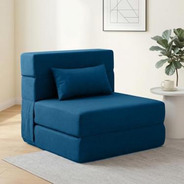 Imagem de Sofá-cama Suyols dobrável com travesseiros, poltrona conversível em sofá e colchão, com espuma viscoelástica para sala/dormitório/quarto/escritório/apartamento/mezanino, solteiro 28, azul-marinho