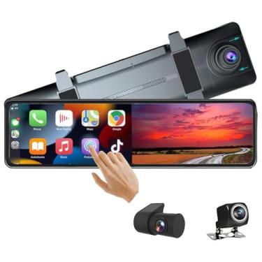 Imagem de XRC TECH Espelho retrovisor Dash Cam com câmeras 3CHs 1080P, controle de voz AI, link de espelho sem fio Bluetooth Carplay, wifi e aplicativo de visualização em tempo real