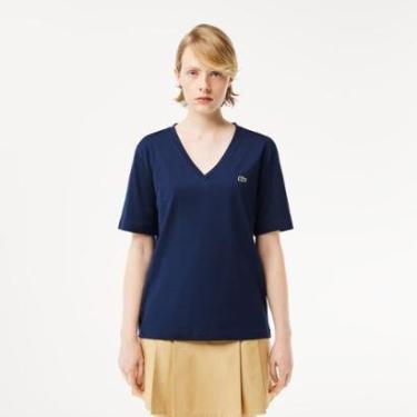 Imagem de Camiseta Lacoste de Algodão com Gola V e Caimento Relaxado Feminina-Feminino