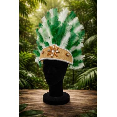 Imagem de Penacho Cocar com Verde com Branco - Umbanda Candomblé - Caminho da Lu
