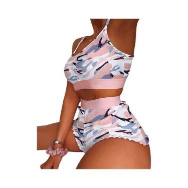 Imagem de Conjunto De Pijama Sexy Feminino 2 Peças Com Estampa, Camisola, Top E 