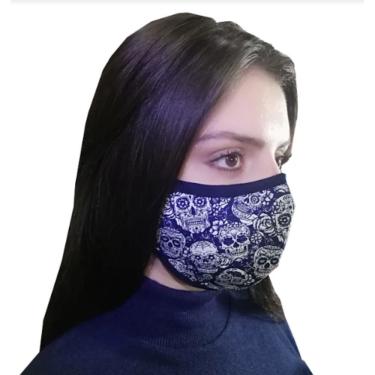Imagem de 3 Máscaras Tecido 3 Camadas Caveira Mexicana Azul G