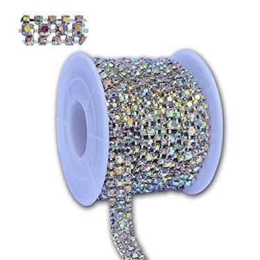 Imagem de 3 fileiras de strass de cristal, corrente de garra, corrente de contas de cristal para costura, artesanato, joias, decoração de casamento (AB Color Strass com base de prata, 2,6 m x 1,2 cm)