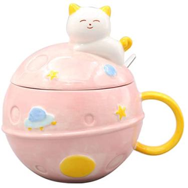Imagem de Caneca princesa com tampa Caneca 3D Caneca de cerâmica Caneca de leite Desenho animado Infantil Copo de chá Presente Escritório Casa (gato rosa espaço, 450 ml)