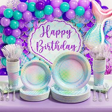 Imagem de Decorações de festa de sereia e louça descartável (serve 25) chá de bebê de aniversário de menina conjunto completo de artigos de festa inclui pratos de papel, guardanapos, toalha de mesa, kit de guirlanda de balões