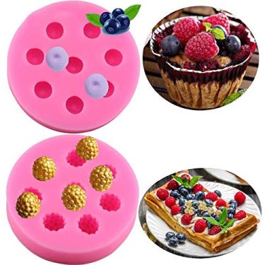 Imagem de Pacote com 2 moldes pequenos de Mirtilo e Framboesa – Molde de silicone MoldFun Berry para pasta de chiclete, decoração de cupcake, argila de polímero, chocolate, doces, goma (Rosa/Branco)