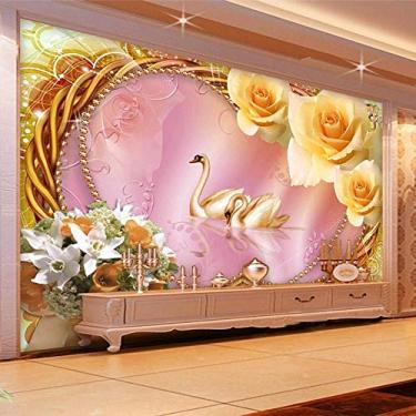 Imagem de Tamanho personalizado estilo europeu rosas lírio flores cisne mural de fotos papel de parede 3D não tecido para sala de estar TV sofá fundo rosa 400 cm (L)×280 cm (A)
