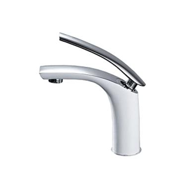 Imagem de LIDON Torneiras de banheiro para pia de 1 furo alto, torneira de banheiro de alça única branca, torneira de bacia para pia de banheiro, torneira de banheiro de furo único alta, branco D (cor: branco C)